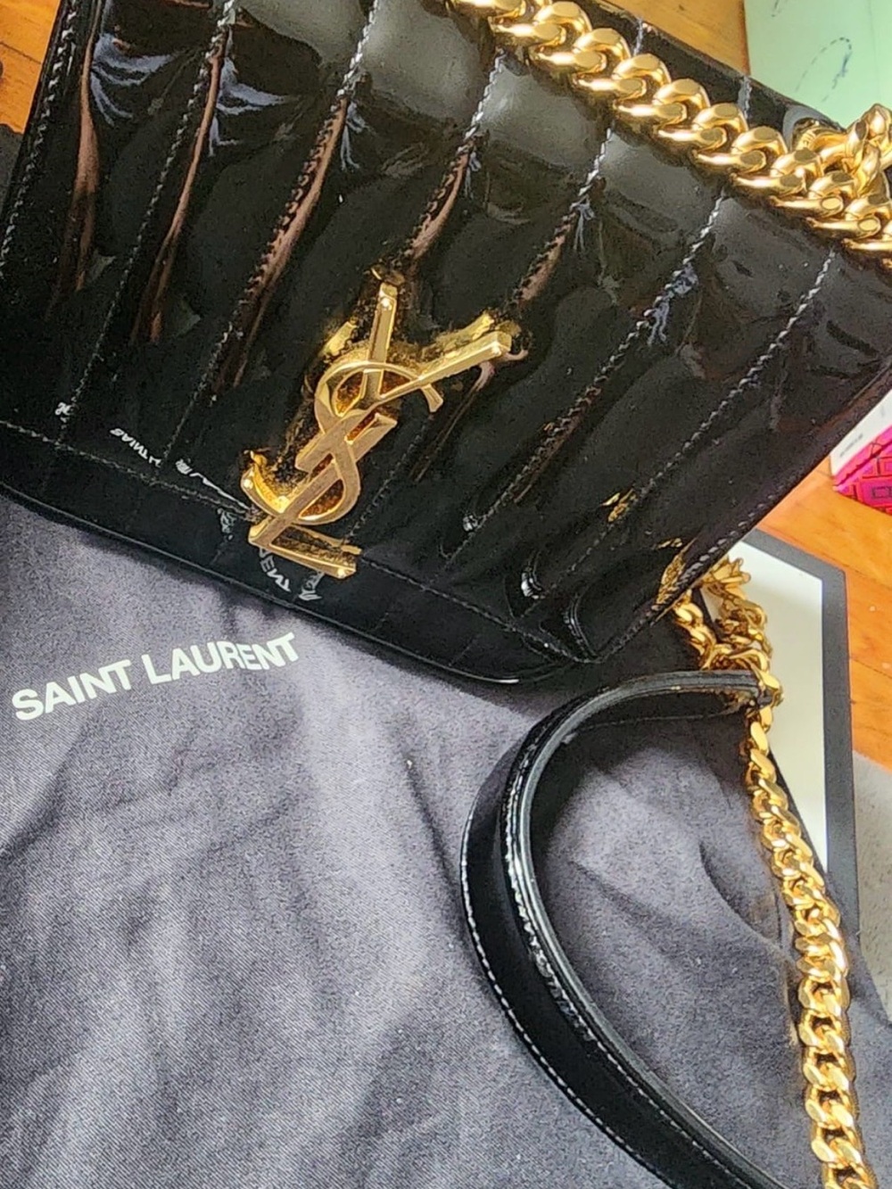 Saint Laurent Black Patent Quilted Monogram Chain Crossbody